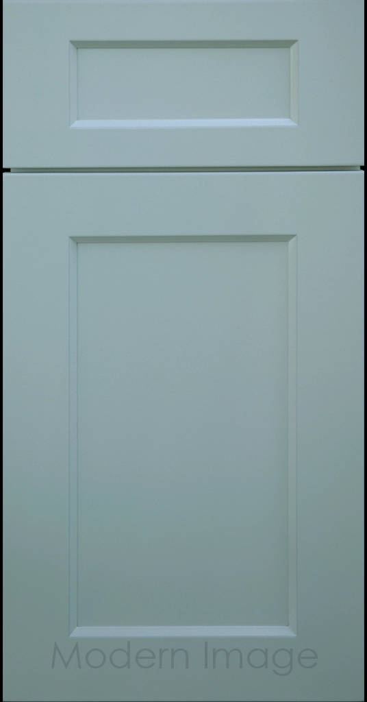 Laguna Niebla Azul painted Shaker kitchen cabinet door with wide stiles & rails, inside profile and a flat center panel.